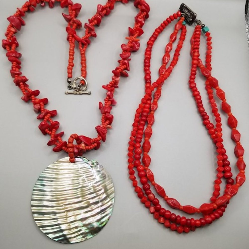 Two 2 Red Coral Bead Necklaces with Abalone Shell